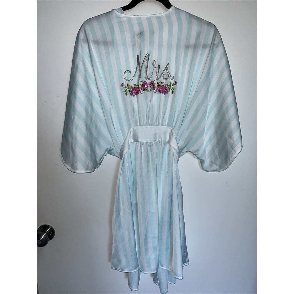 Betsey Johnson "MRS" BRIDAL Kimono-Sleeve Robe Stripe Embroidered Satin Robe L